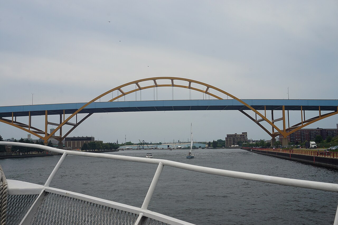 Hoan Bridge over the Milwaukee harbor, crossed twice on the Milwaukee Lakefront Marathon course