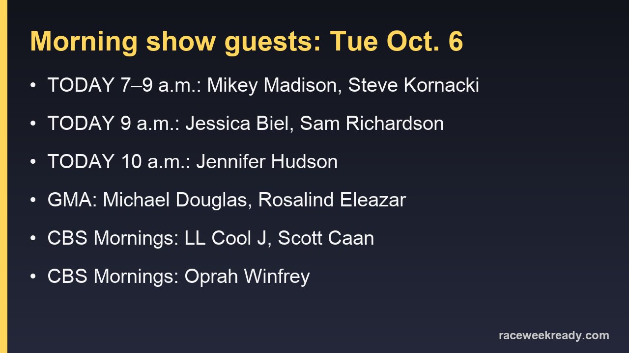 TODAY, GMA and CBS Mornings guests for Tuesday, Oct. 6