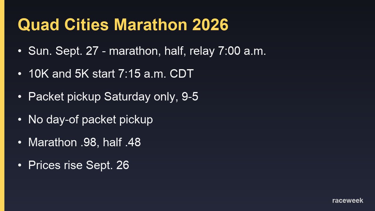 Card listing Quad Cities Marathon 2026 start times, packet pickup hours and entry prices