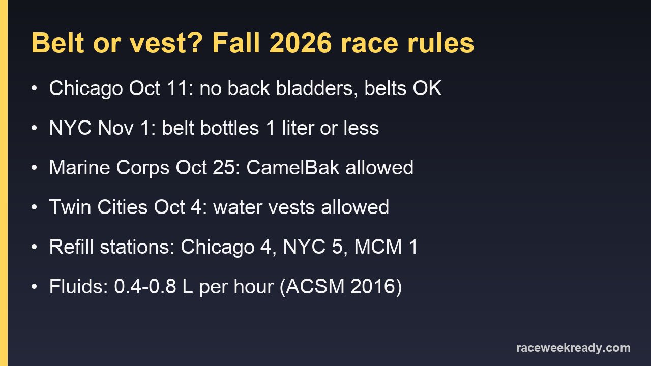 Card comparing 2026 hydration carry rules for the Chicago, New York, Marine Corps and Twin Cities marathons