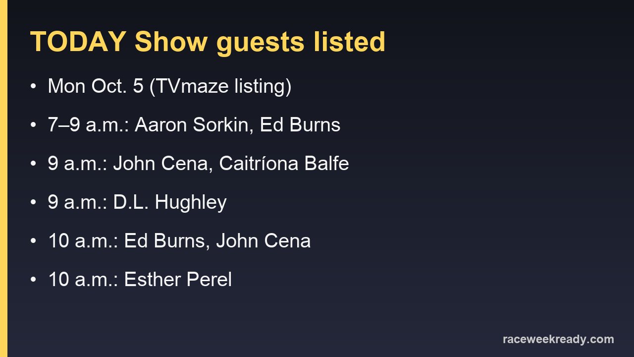 TODAY Show guests listed for Monday, Oct. 5, by hour