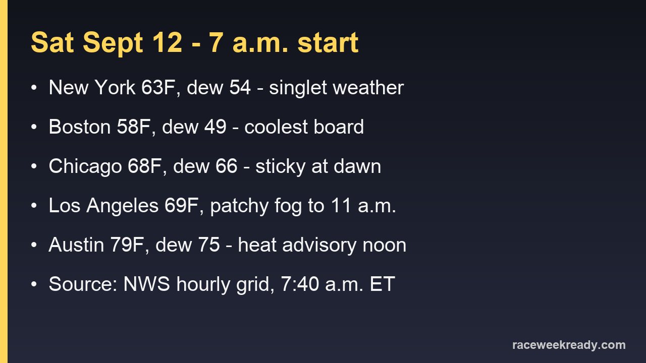 Card listing 7 a.m. temperatures and dew points for New York, Boston, Chicago, Los Angeles and Austin on Sept. 12, 2026