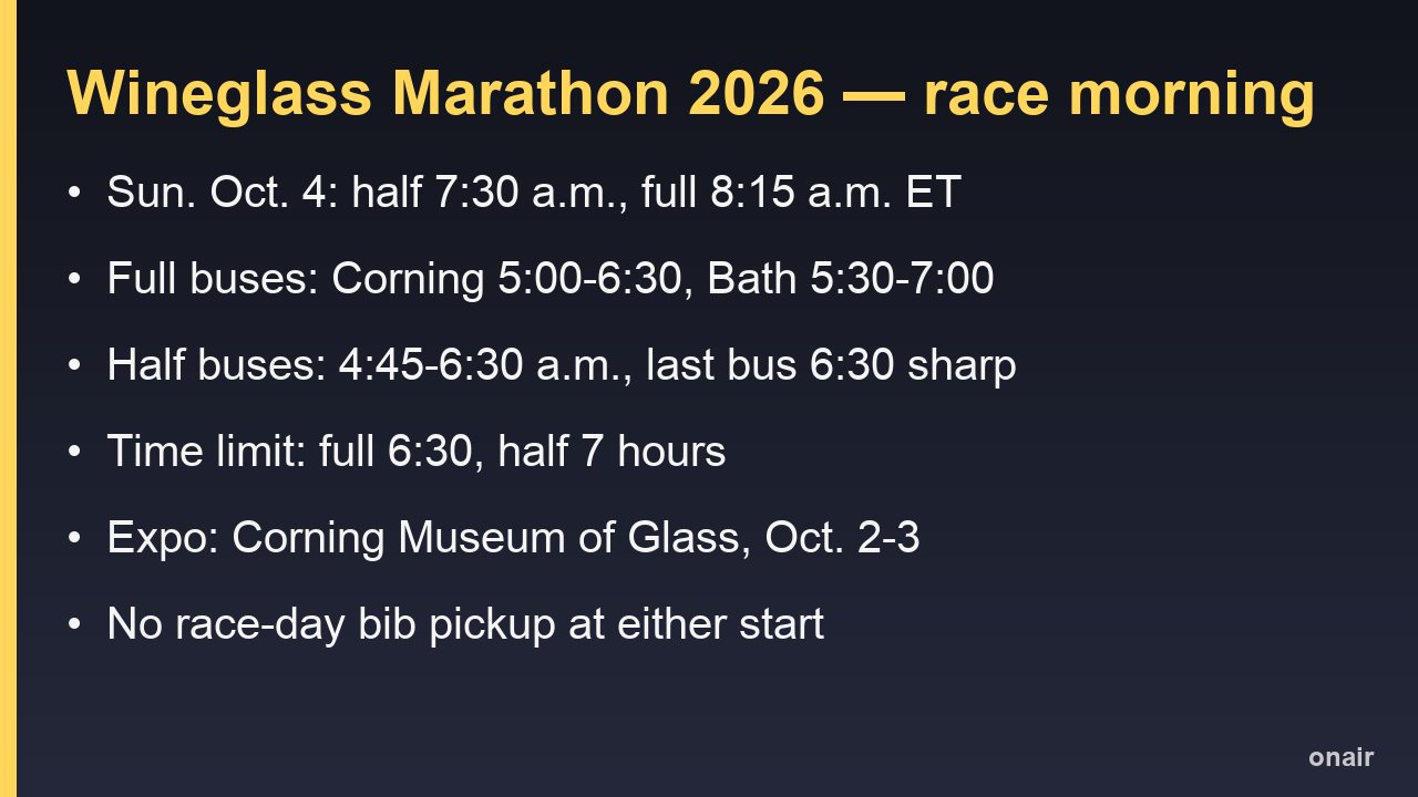 Card listing Wineglass Marathon 2026 start times, bus windows, time limits and expo location